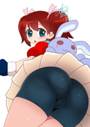 Rule 34 | 1girl, absurdres, ass, bike shorts, blue eyes, blush, brown hair, cameltoe, cleft of venus, crotch seam, hair ribbon, highres, jacket, long hair, looking at viewer, open mouth, ribbon, saru getchu, sayaka (saru getchu), short twintails, shorts, shorts under skirt, simple background, skirt, solo, tewo, twintails, white background, white skirt