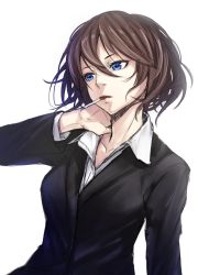 Rule 34 | 1girl, bad id, bad twitter id, black suit, blue eyes, breasts, business suit, cigarette, formal, hair between eyes, hand on own neck, head tilt, highres, large breasts, looking away, original, short hair, simple background, sketch, smoking, solo, sugi 214, suit, upper body, white background