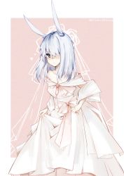 Rule 34 | 1girl, alternate costume, animal ears, arknights, bare shoulders, black eyes, blush, border, breasts, clothes lift, dress, dress lift, ear ornament, frostnova (arknights), grey hair, hair over one eye, heart, highres, krverzravys, long hair, looking at viewer, off-shoulder dress, off shoulder, outside border, parted lips, pink background, rabbit ears, scar, scar on face, scar on nose, simple background, small breasts, solo, wedding dress, white border, white dress