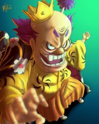 Rule 34 | 1boy, absurdres, crown, facial hair, full body, highres, japanese clothes, kurozumi orochi, looking at viewer, mustache, nytrix-germimi, one piece, open mouth, purple hair, short hair, signature, smile, solo, teeth, topknot, traditional clothes
