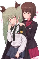 Rule 34 | 10s, 2girls, anchovy (girls und panzer), anzio school uniform, bad id, bad pixiv id, belt, black belt, black cape, black jacket, black neckwear, black ribbon, black skirt, blush, brown eyes, brown hair, cape, closed mouth, couple, cowboy shot, dress shirt, drill hair, emblem, funako (newggo), girls und panzer, green hair, hair ribbon, hands on another&#039;s shoulders, highres, holding, jacket, light smile, long hair, long sleeves, looking at another, looking back, military, military uniform, miniskirt, multiple girls, necktie, nishizumi maho, no headwear, open mouth, pantyhose, pleated skirt, red eyes, red shirt, red skirt, ribbon, riding crop, school uniform, shirt, short hair, skirt, smile, standing, twin drills, twintails, twitter username, uniform, white legwear, white shirt, yuri