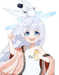 Rule 34 | blue archive, blue halo, bottle, cherino (blue archive), cherino (hot spring) (blue archive), grey hair, halo, hand up, highres, japanese clothes, kimono, long hair, looking at viewer, milk, milk bottle, one-piece swimsuit, school swimsuit, simple background, snowman, swimsuit, thumbs up, white background, white swimsuit, woodpecker (alsdndlekd), yukata
