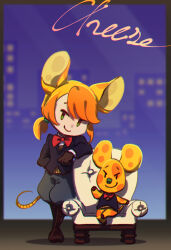 Rule 34 | 2boys, animal crossing, animal ears, blonde hair, boots, brown footwear, brown gloves, building, chadder (animal crossing), chair, character name, chromatic aberration, closed mouth, cross-laced footwear, dual persona, furry, furry male, gloves, grey pants, jacket, kneehighs, lace-up boots, long sleeves, mouse (animal), mouse boy, mouse ears, mouse tail, multicolored hair, multiple boys, nintendo, orange hair, orange vest, pants, personification, purple jacket, shadow, shirt, short hair, short ponytail, sitting, skyscraper, smile, socks, tail, two-tone hair, ukata, vest, white shirt, yellow tail