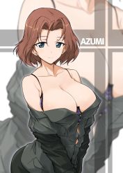 Rule 34 | 10s, 1girl, azumi (girls und panzer), breasts, brown hair, character name, girls und panzer, halcon, highres, large breasts, military, military uniform, selection university military uniform, short hair, solo, uniform, zoom layer