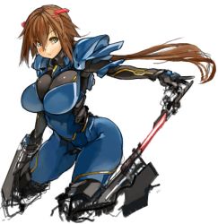 Rule 34 | 1girl, blue eyes, bodysuit, borrowed character, breasts, brown hair, commentary request, gigantic breasts, holding, holding weapon, long hair, looking at viewer, original, sachito, simple background, solo, weapon, white background