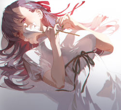 Rule 34 | 1girl, black ribbon, breasts, chromatic aberration, commentary request, dress, fajyobore, fate/stay night, fate (series), floating hair, flower, hair ribbon, heart, heart hands, heaven&#039;s feel, highres, holding, holding flower, large breasts, lily (flower), long hair, looking at viewer, lying, matou sakura, official alternate costume, on back, pink ribbon, red eyes, red ribbon, ribbon, short sleeves, solo, upper body, white dress, white flower