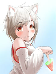 Rule 34 | 1girl, :3, animal ears, bare shoulders, blush, detached sleeves, fang, gradient background, inubashiri momiji, kagarimachi konatsu, looking at viewer, pom pom (clothes), red eyes, short hair, silver hair, solo, summer, touhou, wolf ears