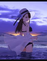 Rule 34 | 1girl, angelica (gunslinger girl), asymmetrical bangs, bare shoulders, bikini, black bikini, blunt ends, breasts, clothes pull, cloud, cloudy sky, cowboy shot, crossover, floating clothes, flower hat, girls&#039; frontline, guest character, guest fighter, gunslinger girl, halterneck, hat, highres, letterboxed, light smile, looking at viewer, looking back, mitsusaka mitsumi, ocean, outdoors, profile, shirt, shirt pull, side-tie bikini bottom, sky, small breasts, solo, straight hair, sun hat, sunset, swimsuit, wading, waves, white shirt