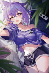 Rule 34 | 1girl, ;d, ahoge, animal ears, arm up, bare shoulders, black shorts, blurry, blurry foreground, cat ears, cat girl, crop top, crop top overhang, depth of field, highres, hololive, kawachi rin, leaf, lying, midriff, navel, nekomata okayu, nintendo switch, off shoulder, on back, one eye closed, open mouth, pillow, purple eyes, purple shirt, shirt, short shorts, short sleeves, shorts, smile, solo, stomach, striped clothes, striped shirt, symbol-shaped pupils, tearing up, thighs, virtual youtuber, waking up