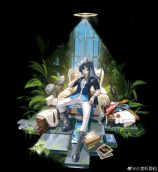 Rule 34 | 1girl, absurdres, animal ears, arknights, ascot, black background, black footwear, black hair, black jacket, book, book stack, boots, brown eyes, chair, cross-laced footwear, cup, easy chair, faux figurine, full body, grin, gun, hair between eyes, halo, hand up, highres, holding, holding cup, jacket, knee boots, lace-up boots, long hair, looking at viewer, movie projector, on chair, pants, pants tucked in, plant, rifle, shirt, short sleeves, sitting, smile, sniper rifle, solo, spread legs, table, tablecloth, texas (arknights), weapon, weibo logo, weibo watermark, white ascot, white pants, white shirt, window, wolf ears, xiao longxia mianbao