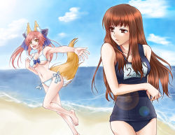 Rule 34 | 10s, 2girls, animal ears, beach, bikini, blush, breasts, brown hair, day, fang, fate/extra, fate/extra ccc, fate (series), fervent idiot, fox ears, fox tail, kishinami hakuno (female), lens flare, long hair, medium breasts, multiple girls, navel, official alternate costume, one-piece swimsuit, pink hair, school swimsuit, side-tie bikini bottom, swimsuit, tail, tamamo no mae (fate/extra), tamamo no mae (sexy bikini) (fate), underboob, yellow eyes