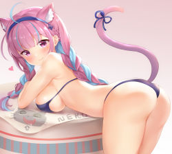 Rule 34 | 1girl, ahoge, animal ear fluff, animal ears, arched back, ass, bare shoulders, bent over, bikini, black bikini, blue hair, blunt bangs, blush, braid, breasts, cat ears, cat tail, closed mouth, fake animal ears, gradient background, hairband, heart, hololive, large breasts, long hair, looking at viewer, minato aqua, multicolored hair, nikoo, pink eyes, pink hair, raised eyebrows, ribbon, solo, swimsuit, tail, tail ornament, tail raised, tail ribbon, thighs, twin braids, two-tone hair, underboob, virtual youtuber