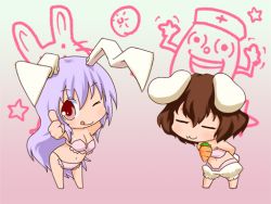Rule 34 | 2girls, :3, ;q, animal ears, arms behind back, bloomers, bra, breasts, brown hair, buri hamachi, carrot, chibi, female focus, inaba tewi, lingerie, long hair, multiple girls, navel, one eye closed, panties, purple hair, rabbit ears, rabbit girl, rabbit tail, red eyes, reisen udongein inaba, smile, tail, thumbs up, tongue, tongue out, touhou, underwear, underwear only, unpopin, wink, yagokoro