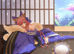 Rule 34 | 10s, 1girl, animal ears, bad id, bad pixiv id, bare shoulders, blue bow, blue kimono, blue sky, blue thighhighs, bow, breasts, brown eyes, closed mouth, cloud, collarbone, commentary request, day, fate/extra, fate (series), floral print, flower, fox ears, fox girl, fox tail, hair between eyes, hair bow, headpiece, highres, indoors, japanese clothes, kimono, long hair, long sleeves, medium breasts, petals, pink flower, pink hair, print kimono, sky, smile, solo, tail, tamamo (fate), tamamo no mae (fate/extra), thighhighs, tree, user awm7451, very long hair, wide sleeves