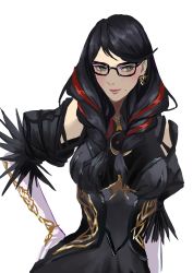 Rule 34 | 1girl, absurdres, bayonetta, bayonetta (series), bayonetta 3, black hair, braid, clothing cutout, earrings, eyeshadow, glasses, gloves, highres, jewelry, lipstick, long hair, looking at viewer, makeup, mochigana, mole, mole under mouth, multicolored hair, red hair, ribbon, simple background, smile, solo, streaked hair, twin braids