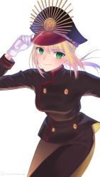 Rule 34 | 1girl, adjusting clothes, adjusting headwear, artoria pendragon (all), artoria pendragon (fate), blonde hair, blush, breasts, cosplay, cowboy shot, fate/grand order, fate (series), gloves, gradient hair, green eyes, hat, highres, koha-ace, leaning forward, long sleeves, looking at viewer, medium breasts, military, military uniform, multicolored hair, nipi27, oda nobunaga (fate), oda nobunaga (fate) (cosplay), oda nobunaga (koha-ace), peaked cap, pink hair, saber (fate), smile, solo, two-tone hair, uniform, white gloves