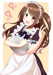Rule 34 | 1girl, apron, black dress, blue ribbon, blush, border, brown eyes, brown hair, commentary request, dress, frills, hand gesture, hand up, heart, idolmaster, idolmaster cinderella girls, long hair, maid headdress, one side up, open clothes, puffy short sleeves, puffy sleeves, ribbon, shimamura uzuki, short sleeves, side ponytail, smile, solo, suzutarou gunsou, swept bangs, tray, v, white border, yellow background