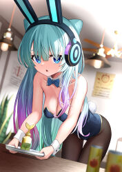 Rule 34 | 1girl, animal ear headphones, animal ears, aqua hair, bare arms, bare shoulders, black pantyhose, blue bow, blue bowtie, blue eyes, blue leotard, blunt bangs, blurry, blurry background, blurry foreground, bottle, bow, bowtie, breasts, can, ceiling fan, ceiling light, chestnut mouth, cleavage, collar, collarbone, cowboy shot, day, detached collar, double bun, eyelashes, fake animal ears, fake bunny ears, from below, gradient hair, hair bun, hair ears, hair over eyes, headphones, highres, holding, holding tray, indoors, leaning forward, leotard, long hair, looking at viewer, medium breasts, monster strike, multicolored hair, neo (monster strike), open mouth, pantyhose, pink hair, plant, playboy bunny, rabbit ear headphones, rabbit ears, rabbit tail, solo, table, thigh gap, tray, tsuseki, waitress, white collar, white wrist cuffs, wrist cuffs
