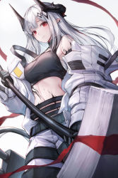Rule 34 | 1girl, arknights, bare shoulders, black gloves, black shirt, breasts, chyopeuteu, closed mouth, cowboy shot, crop top, gloves, hammer, holding, horns, infection monitor (arknights), jumpsuit, long hair, looking at viewer, material growth, medium breasts, midriff, mudrock (arknights), mudrock (elite ii) (arknights), navel, off shoulder, open jumpsuit, oripathy lesion (arknights), pointy ears, red eyes, sarashi, shirt, sidelocks, sleeveless, sleeveless shirt, solo, standing, stomach, weapon, white hair