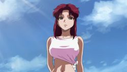 Rule 34 | 00s, 1girl, animated, arms behind back, bare legs, bare shoulders, blue eyes, blue sky, bouncing breasts, breasts, female focus, flay allster, gundam, gundam seed, large breasts, long hair, navel, red hair, scan, screencap, skirt, sky, smile, solo, sun, talking, video