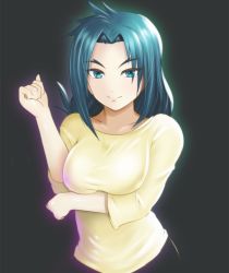 Rule 34 | 10s, 1girl, blue eyes, blue hair, breasts, eyebrows, forked eyebrows, future card buddyfight, grey background, long hair, looking at viewer, mature female, medium breasts, miga (migao), mikado suzumi, shirt, simple background, smile, solo