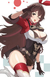 Rule 34 | 1girl, alternate breast size, amber (genshin impact), bad id, bad twitter id, belt, blush, breasts, brown eyes, brown gloves, brown hair, brown shorts, cleavage, crossed bangs, genshin impact, gloves, goggles, hair ribbon, hareno chiame, highres, large breasts, long hair, looking at viewer, one eye closed, open mouth, pouch, red ribbon, ribbon, short shorts, shorts, shrug (clothing), solo, thighs