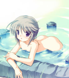 Rule 34 | 00s, 1girl, ass, bath, blush, ezomori nozomu, flat chest, kanokon, looking at viewer, nude, onsen, parted lips, partially submerged, purple eyes, safi, short hair, solo, water