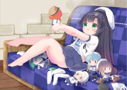 Rule 34 | 1girl, barefoot, beret, black hair, blue bow, blue neckerchief, blue skirt, blush, bow, brick wall, character doll, commentary request, couch, doll, etorofu (kancolle), fukae (kancolle), gloves, green eyes, hair bow, hat, hirato (kancolle), holding, holding doll, kantai collection, long hair, looking away, matsuwa (kancolle), mugichoko (mugi no choko), neckerchief, on couch, outstretched arms, parted lips, pleated skirt, puffy short sleeves, puffy sleeves, sado (kancolle), shirt, short sleeves, skirt, smile, socks, solo, tsushima (kancolle), unworn gloves, unworn socks, very long hair, white gloves, white hat, white shirt, white socks, wooden floor