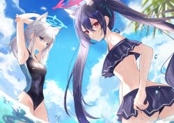 Rule 34 | 2girls, absurdres, animal ears, armpits, arms behind head, bikini, bikini skirt, black bikini, black hair, blue archive, blue eyes, blue sky, closed mouth, cloud, commentary, competition swimsuit, expressionless, frilled bikini, frills, frown, halo, highres, looking at viewer, low ponytail, multiple girls, off-shoulder bikini, off shoulder, official alternate costume, one-piece swimsuit, outdoors, parted lips, red eyes, serika (blue archive), serika (swimsuit) (blue archive), shiroko (blue archive), shiroko (swimsuit) (blue archive), sky, swimsuit, symbol-only commentary, twintails, v-shaped eyebrows, vardan, water, white hair