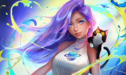 Rule 34 | 1girl, animal, animal on shoulder, bare shoulders, blue eyes, blue hair, cat, commentary, commission, earrings, english commentary, eyeliner, glasses, grin, highres, hoop earrings, jewelry, lips, looking at viewer, makeup, multicolored background, multicolored hair, original, print sweater, purple hair, ross tran, simple background, sleeveless, sleeveless sweater, smile, solo, sweater, two-tone hair, white sweater