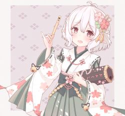 Rule 34 | 1girl, antenna hair, bad id, bad pixiv id, bell, blush, border, bow, commentary request, floral print, flower, green ribbon, hair between eyes, hair flower, hair ornament, highres, holding, japanese clothes, kimono, kokkoro (new year) (princess connect!), kokkoro (princess connect!), long sleeves, looking at viewer, obi, open mouth, outside border, patterned background, pointy ears, princess connect!, red eyes, ribbon, sash, sateto (user knrf2332), short hair, silver hair, solo, waist bow, white border, white kimono, wide sleeves