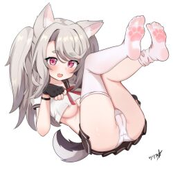 Rule 34 | 1girl, animal ear fluff, animal ears, azur lane, black gloves, black sailor collar, black skirt, blush, boppin, breasts, cameltoe, cleft of venus, commentary, cropped shirt, dog ears, dog girl, dog tail, dot nose, fang, fingerless gloves, gloves, grey hair, highres, large breasts, legs up, long hair, looking at viewer, lying, miniskirt, no shoes, on back, open mouth, paid reward available, panties, partially visible vulva, paw pose, paw print soles, pink eyes, pleated skirt, puffy short sleeves, puffy sleeves, sailor collar, school uniform, serafuku, shirt, short sleeves, simple background, skirt, soles, solo, tail, teeth, thick eyebrows, thighhighs, toes, two side up, underboob, underwear, upper teeth only, white background, white panties, white shirt, white thighhighs, yuudachi (azur lane)