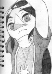 Rule 34 | 1girl, arms up, beak, black hair, child, circlet, closed mouth, colored skin, dress, expressionless, female focus, flat color, gradient background, graphite (medium), grey dress, grey eyes, half-closed eyes, jewelry, jitome, long hair, looking at viewer, medli, monochrome, monster girl, nintendo, o den, photo (medium), ponytail, rito, short sleeves, sidelocks, smile, solo, the legend of zelda, traditional media, upper body, white background, white skin