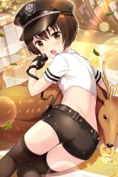 Rule 34 | 1girl, absurdres, alternative girls, artist request, ass, black thighhighs, brown eyes, brown hair, deer, fingerless gloves, gloves, hat, highres, leaf, lens flare, lens flare abuse, looking back, midriff, official art, open mouth, peaked cap, police hat, solo, tachibana naomi, thighhighs