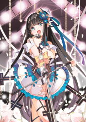 Rule 34 | 1girl, bare shoulders, black hair, blue eyes, bow, chain, dress, long hair, looking at viewer, microphone, microphone stand, open mouth, ribbon, selenoring, smile, solo, souseiki aster gate, very long hair, wristband