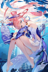Rule 34 | 1girl, air bubble, babydoll, bare legs, bare shoulders, barefoot, blue hair, bow-shaped hair, breasts, bubble, closed mouth, colored tips, detached sleeves, feet, fish, floating hair, frilled sleeves, frills, from side, full body, genshin impact, gradient eyes, gradient hair, hand on own knee, head wings, knees together feet apart, knees up, legs, light rays, long hair, long sleeves, looking at viewer, multicolored eyes, multicolored hair, navel, no legwear, pink hair, purple eyes, sangonomiya kokomi, scottie (phantom2), short shorts, shorts, sideboob, sidelocks, small breasts, smile, solo, tassel, toes, twintails, two-tone hair, underwater, very long hair, vision (genshin impact), white shorts, wide sleeves, wings