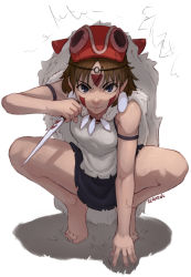 Rule 34 | 1girl, arm strap, arm support, artist name, barefoot, blue eyes, blue skirt, brown hair, cape, circlet, commentary, earrings, english commentary, facial mark, full body, fur cape, highres, holding, holding knife, holding weapon, jewelry, knife, looking at viewer, mask, mask on head, mononoke hime, parted bangs, san (mononoke hime), seraziel, shirt, short hair, skirt, sleeveless, sleeveless shirt, solo, squatting, sweat, tiptoes, weapon, white background, white cape, white shirt