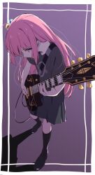 Rule 34 | 1girl, absurdres, anno masato, black footwear, black shirt, black skirt, black socks, blue eyes, blush, bocchi the rock!, closed mouth, commentary, cube hair ornament, electric guitar, gotoh hitori, guitar, hair ornament, highres, holding, holding instrument, instrument, loafers, long hair, music, pink hair, playing instrument, shirt, shoes, short sleeves, skirt, socks, t-shirt