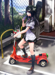 Rule 34 | 1girl, bag, beach, black hair, black socks, chain-link fence, drinking, fence, goggles, goggles on headwear, grass, guitar case, hat, helmet, instrument case, kneehighs, long hair, long legs, looking at viewer, miniskirt, motor vehicle, motorized scooter, original, outdoors, rezi, shirt, shoes, skirt, sneakers, socks, solo, tree, vehicle, water, white shirt