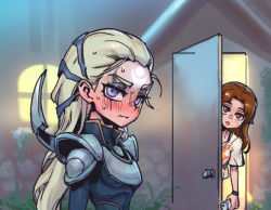 Rule 34 | 2girls, :o, alternate costume, armor, blush, brown eyes, brown hair, can, closed mouth, diana (league of legends), door, facial mark, forehead mark, glowing, grey hair, grey shirt, holding, holding can, league of legends, leona (league of legends), long hair, looking at viewer, multiple girls, open door, open mouth, outdoors, phantom ix row, shirt, shoulder armor, sun print, sweat
