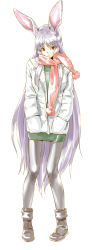 Rule 34 | 1girl, alternate costume, animal ears, black pantyhose, boots, coat, contemporary, female focus, full body, hands in pockets, highres, jacket, light purple hair, long hair, miniskirt, pantyhose, purple hair, rabbit ears, red eyes, reisen udongein inaba, scarf, shiba itsuki, simple background, sketch, skirt, solo, touhou, very long hair, white background