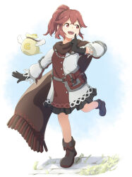 Rule 34 | 1girl, :d, anna (fire emblem), anna (fire emblem engage), black footwear, black gloves, brown cape, cape, coin, crossed bangs, dress, fire emblem, fire emblem engage, full body, gloves, gold coin, highres, index finger raised, leg up, long sleeves, looking to the side, money bag, nintendo, open mouth, ponytail, red dress, red eyes, red hair, smile, solo, teeth, tekology, two-tone dress, upper teeth only, white dress, wings