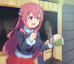 Rule 34 | 1girl, :d, absurdres, anime coloring, blush, book, bow, clenched hand, girlish number, hair bow, highres, indoors, karasuma chitose (girlish number), long hair, microphone, open book, open mouth, purple eyes, purple hair, red skirt, skirt, smile, solo, standing, xiaohu