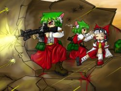 Rule 34 | 3girls, animal ears, ascot, assault rifle, bandages, black hair, blood, bloodycat, boots, bow, casing ejection, cat ears, cat girl, detached sleeves, female focus, firing, green hair, gun, hair bow, hair tubes, hakurei reimu, holding, holding gun, holding weapon, japanese clothes, kazami yuuka, left-handed, miko, multiple girls, muzzle flash, plaid, plaid vest, rifle, shell casing, short hair, touhou, vertical forward grip, vest, weapon