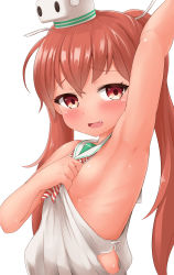 Rule 34 | 10s, 1girl, arm up, armpit focus, armpits, bare shoulders, breasts, brown eyes, brown hair, dark-skinned female, dark skin, dress, fang, hair ribbon, kantai collection, libeccio (kancolle), long hair, looking at viewer, looking to the side, no bra, open mouth, presenting armpit, ribbon, sailor dress, shinovi, shirt, shirt grab, sideboob, simple background, sleeveless, sleeveless shirt, small breasts, solo, twintails, upper body, white background
