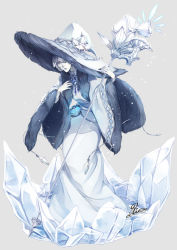 Rule 34 | anotherxalice, blue hat, cartolaio, flower, full body, fur trim, glasses, grey background, hat, hat flower, holding, holding staff, ice, light blue dress, monocle, official art, old, old woman, pale skin, pince-nez, short hair, simple background, solo, staff, standing, white hair, wide sleeves, witch hat