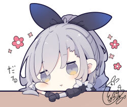 Rule 34 | 1girl, beni shake, black gloves, black jacket, black ribbon, blush, commentary request, fur-trimmed jacket, fur trim, gloves, grey eyes, grey hair, hair ribbon, honkai: star rail, honkai (series), jacket, long hair, long sleeves, looking at viewer, parted lips, ponytail, puffy long sleeves, puffy sleeves, ribbon, signature, silver wolf (honkai: star rail), simple background, solo, upper body, white background