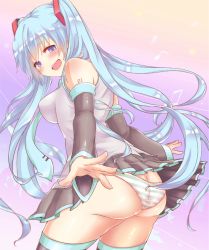 Rule 34 | 1girl, aqua eyes, aqua hair, ass, blush, breasts, butt crack, detached sleeves, from side, hatsune miku, huge ass, kusoyuridanchi, long hair, looking at viewer, looking back, necktie, open mouth, panties, pantyshot, skirt, solo, striped clothes, striped panties, thick thighs, thighhighs, thighs, twintails, underwear, very long hair, vocaloid, wide hips