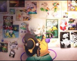 Rule 34 | 1girl, black hat, child, chromatic aberration, collage, colored eyelashes, cowboy shot, female focus, flat chest, green eyes, green skirt, grey hair, half-closed eyes, hands up, hat, hat ribbon, heart, holding, holding clothes, holding hat, indoors, komeiji koishi, letterboxed, long hair, looking down, lotosu, open mouth, orange ribbon, photo (object), picture frame, ribbon, sidelocks, skirt, solo, standing, tape, third eye, touhou, unworn hat, unworn headwear, wavy hair