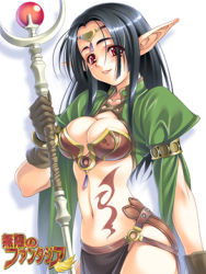 Rule 34 | 1girl, black hair, breasts, cleavage, elf, gloves, ikeda yasuhiro, long hair, lowres, medium breasts, midriff, mugen no fantasia, navel, pointy ears, red eyes, simple background, solo, staff, tattoo